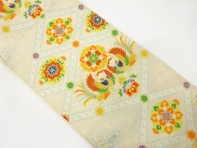 アンティーク　斜め格子に向かい鳳凰華文模様織り出し袋帯(材料)